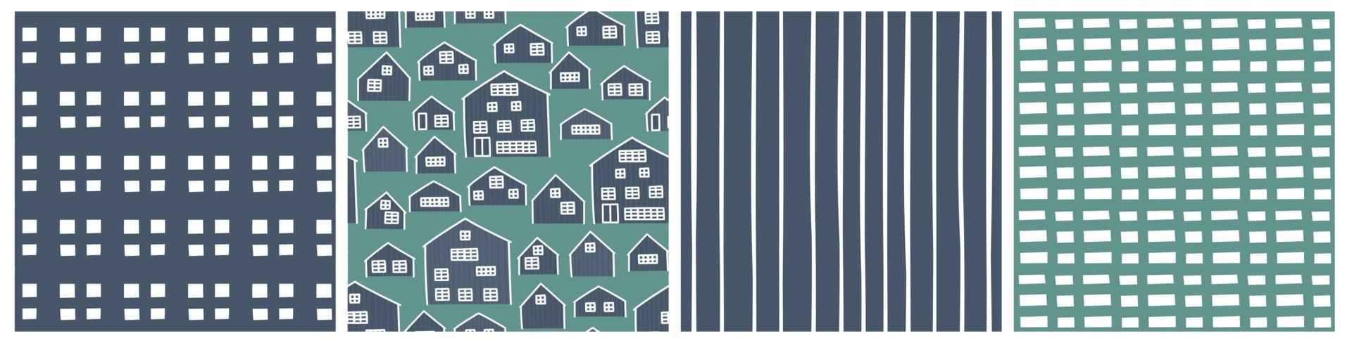 Blue green set of abstract wooden house seamless patterns vector