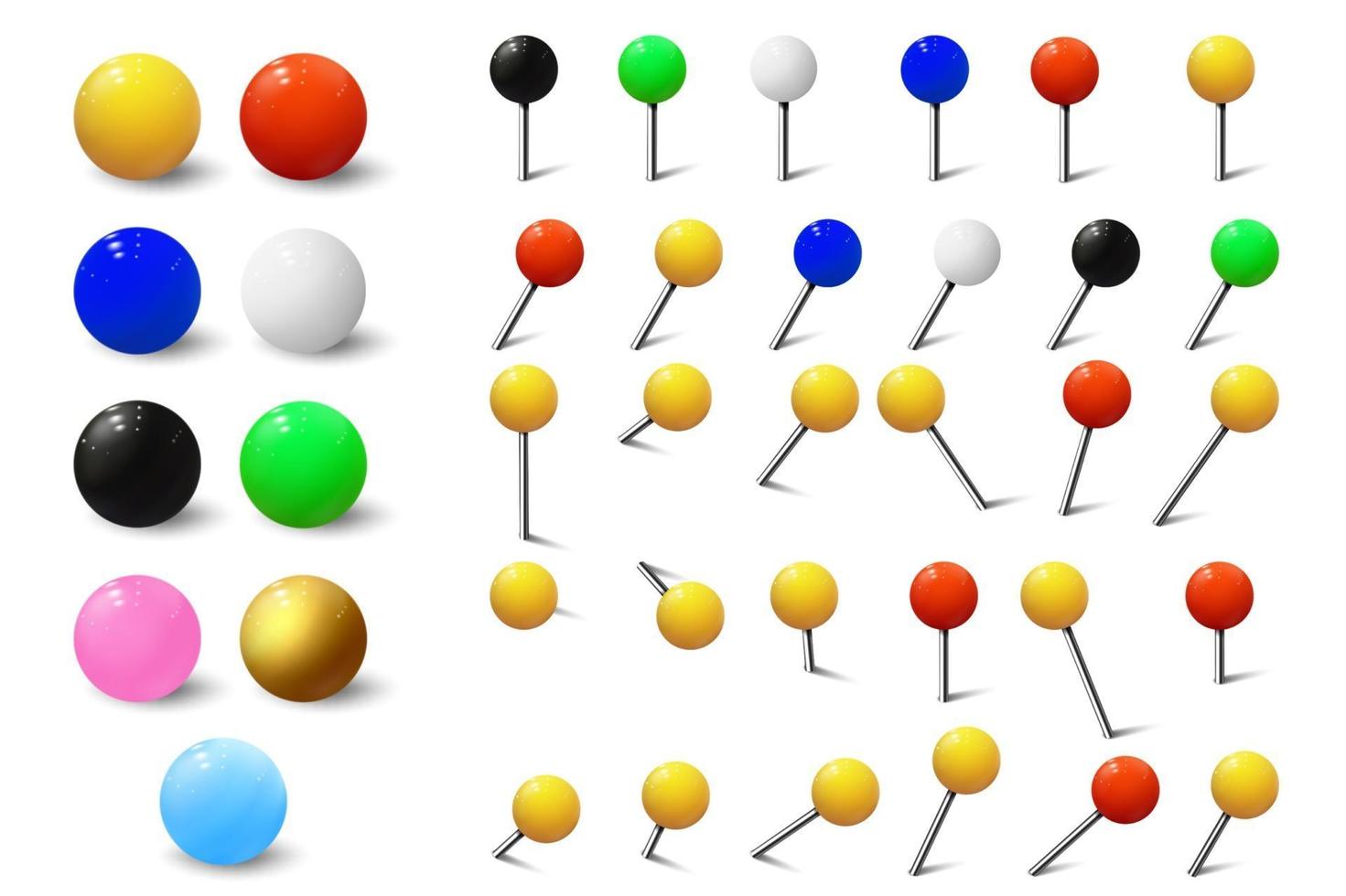 Varias chinchetas de colores, tachuelas y chinchetas de mapa vector