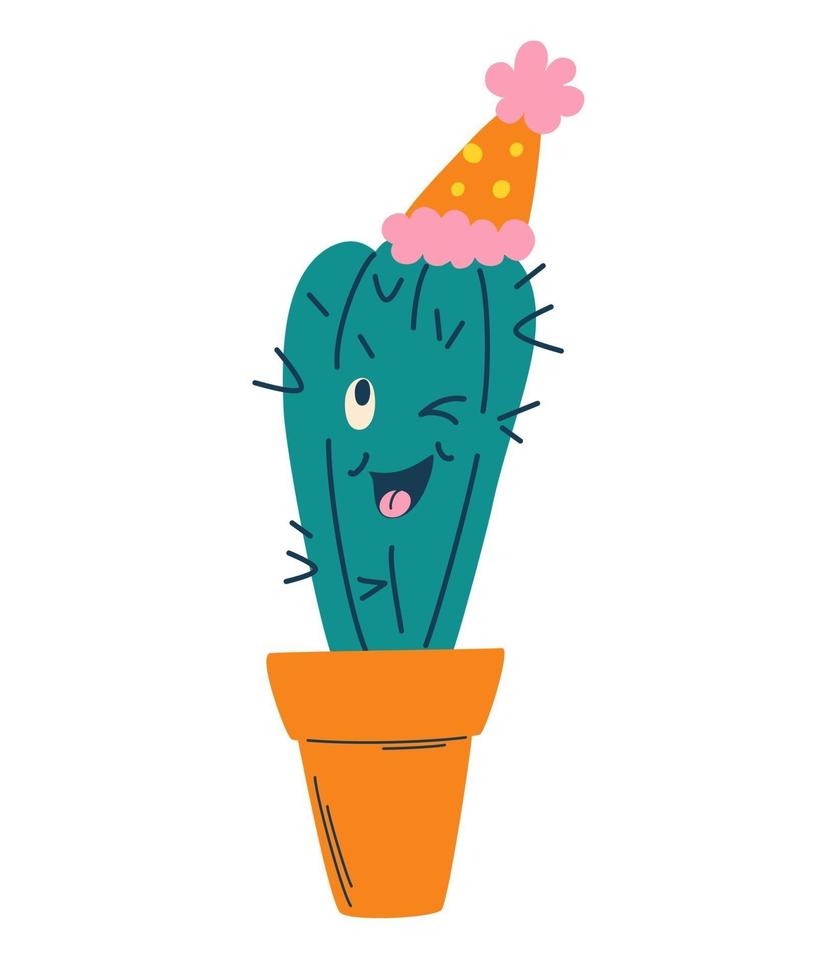 cactus lindo divertido. guiñando un ojo. cactus de dibujos animados en un sombrero. vector