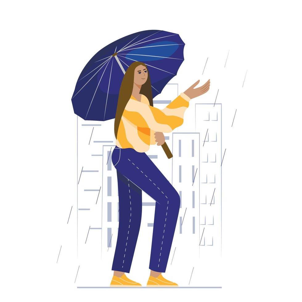 Una niña camina por la ciudad en un día lluvioso con un paraguas. vector