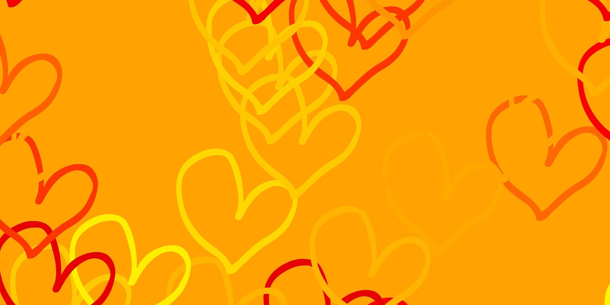 Fondo de vector rojo, amarillo claro con corazones.