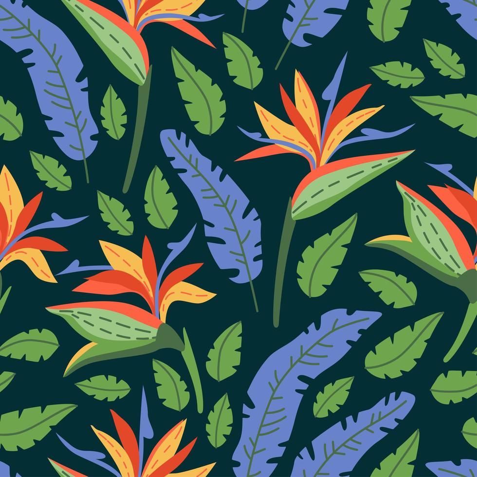 Seamless floral pattern with tropical flowers on dark background vector