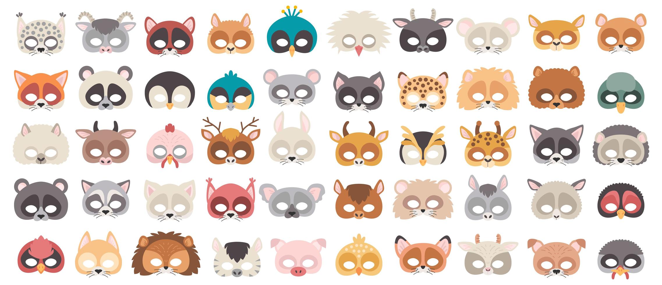 Set of photo booth props masks of wild and domestic animals. vector