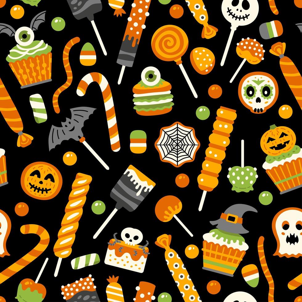 feliz patrón dulce de halloween. postre de vacaciones vector