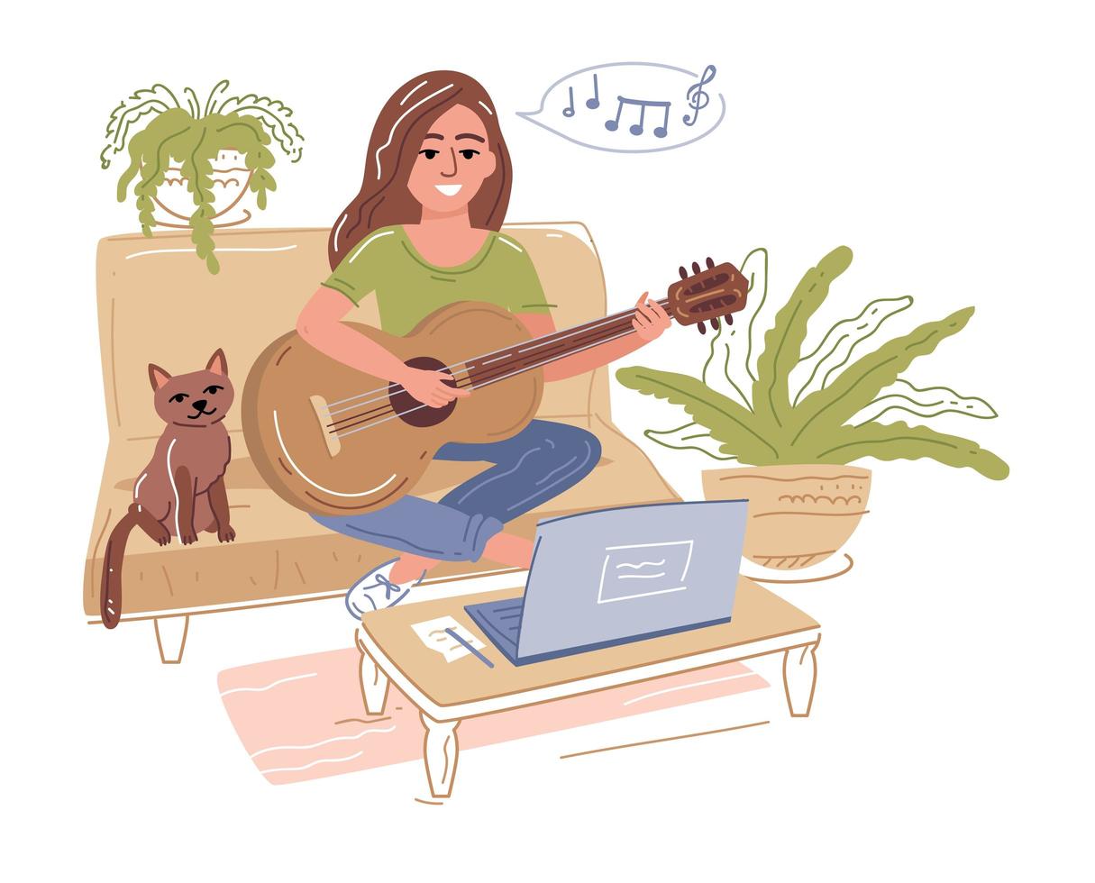 El enfoque selectivo de la niña tocando la guitarra acústica cerca de la computadora portátil vector