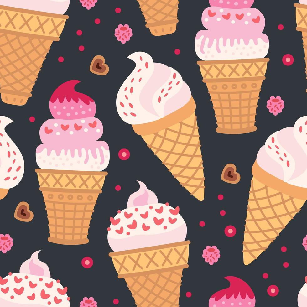 Cartoon seamless pattern with ice cream in waffle cones. vector