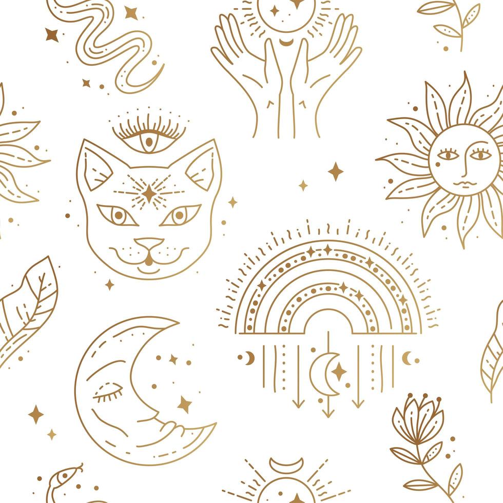 Magic boho symbols seamless pattern. Golden minimal line art. vector