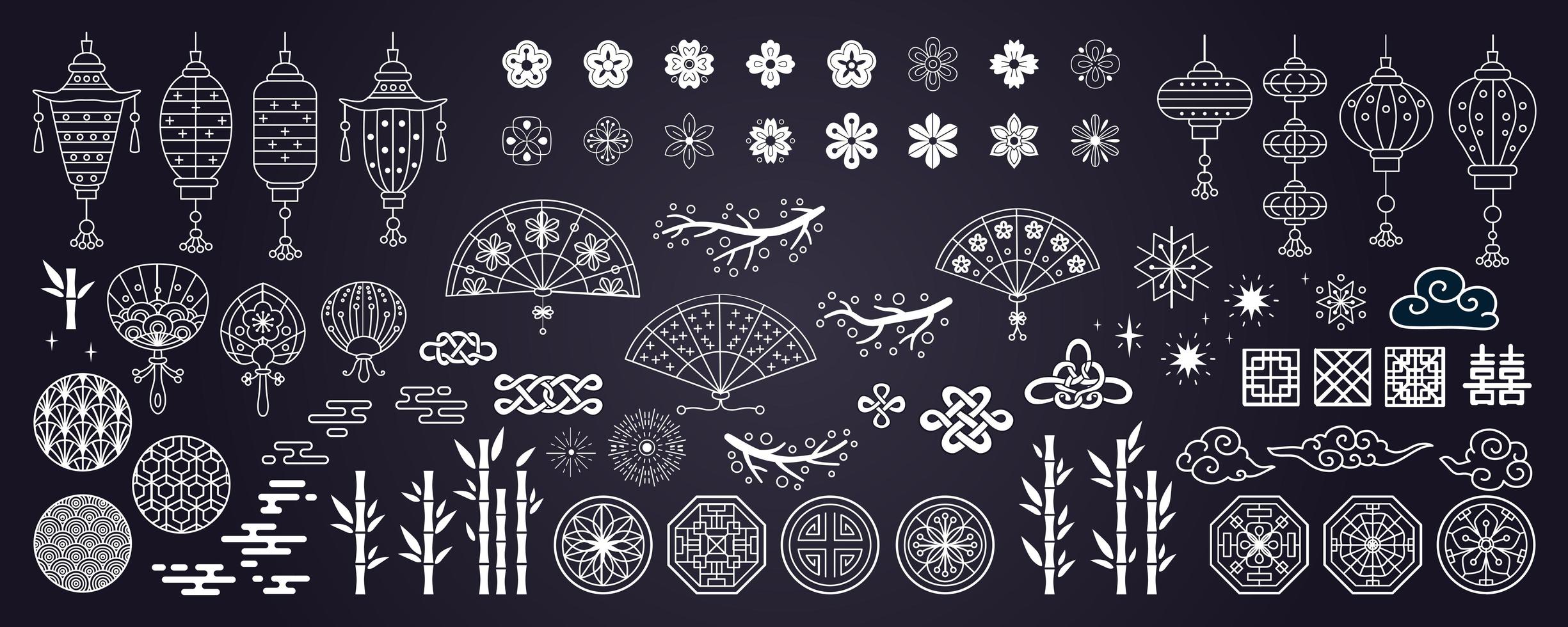 Collection of hand drawn decorative elements in asian style vector