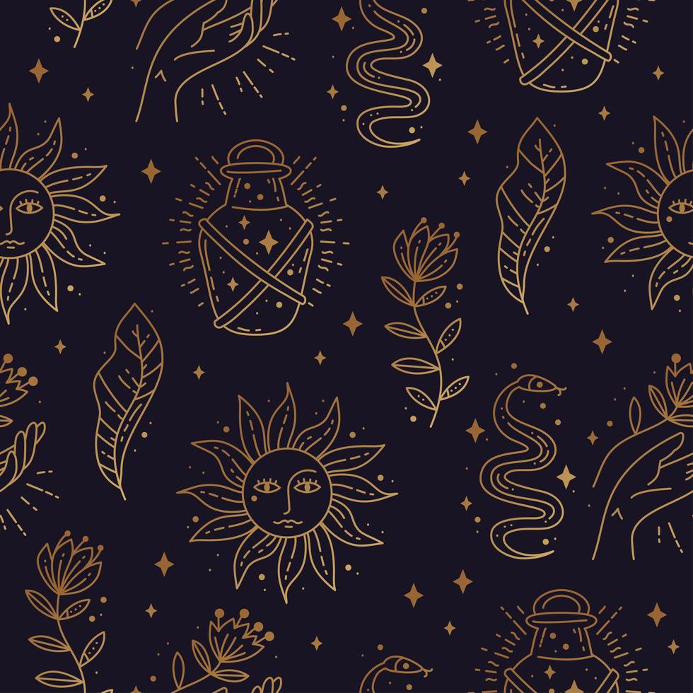 Magic boho symbols seamless pattern. Golden minimal line art. vector