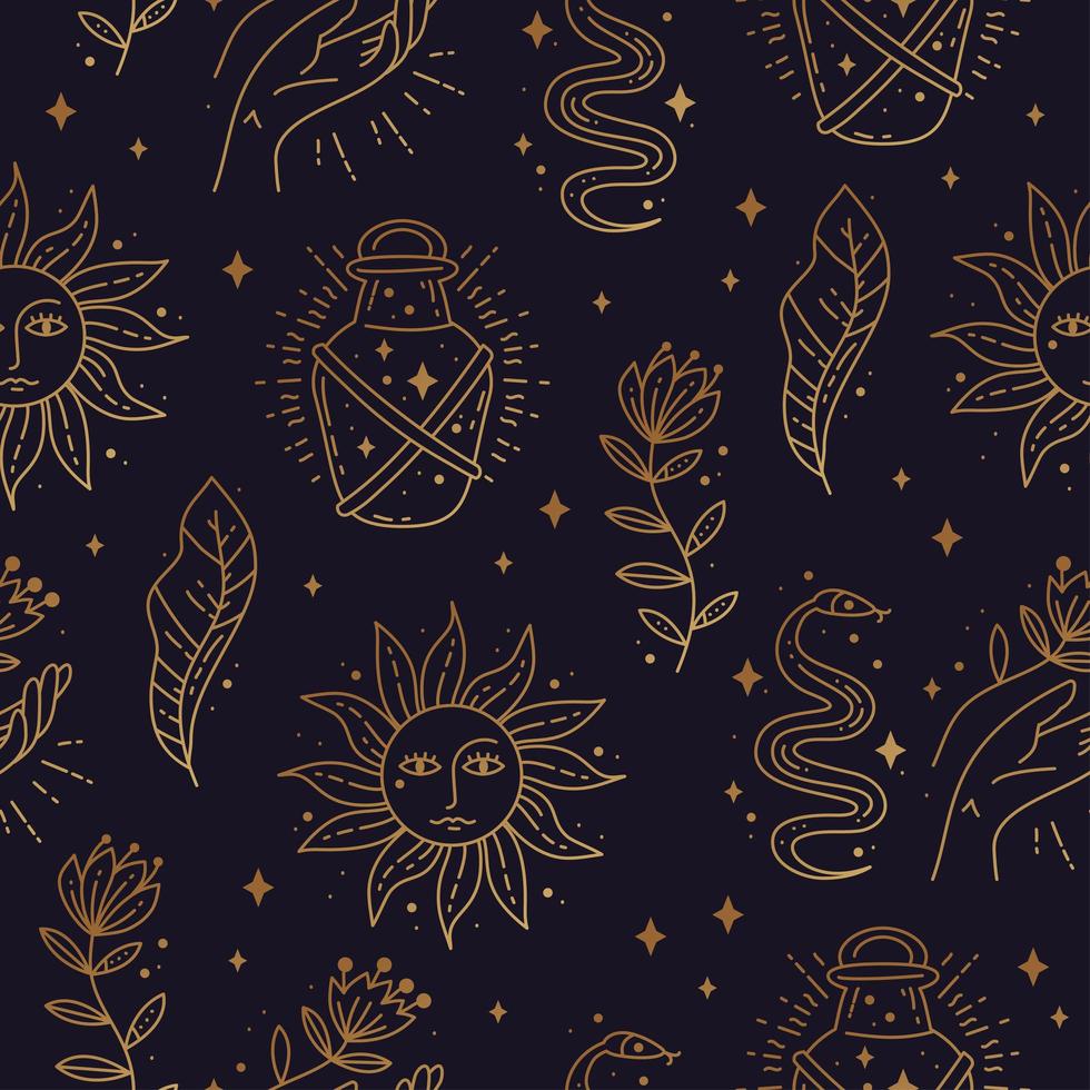 Magic boho symbols seamless pattern. Golden minimal line art. vector