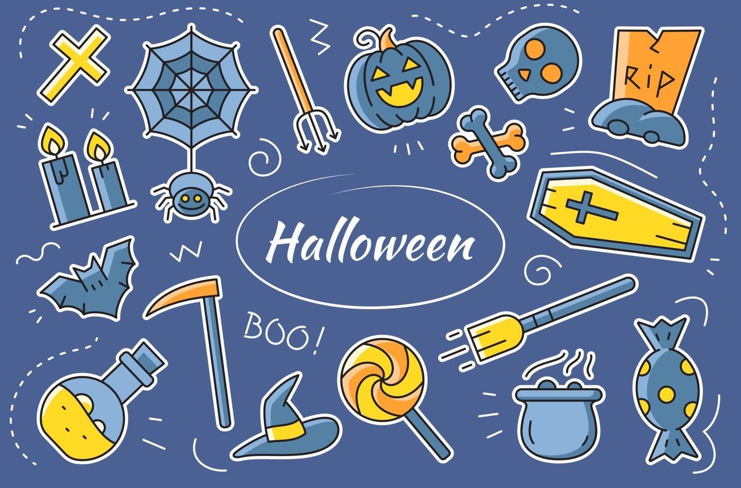 Cartoon halloween stickers, elements, vector objects set.