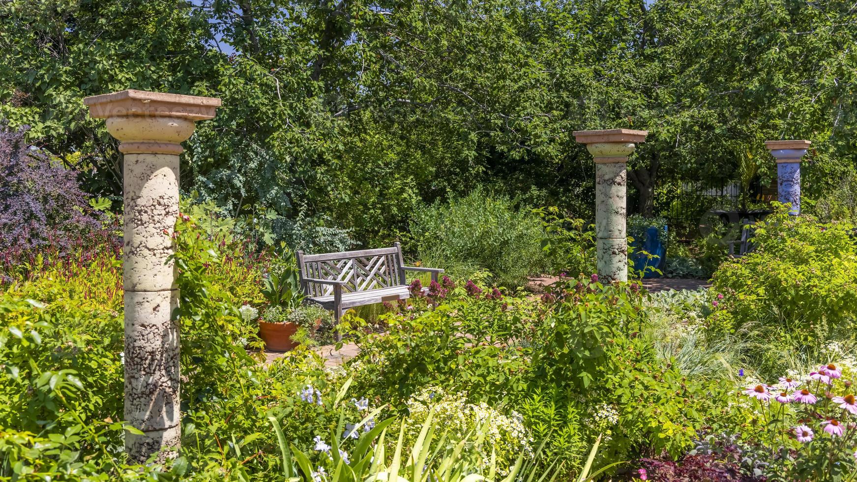 Relaxing bench in famous Denver Botanical gardens photo