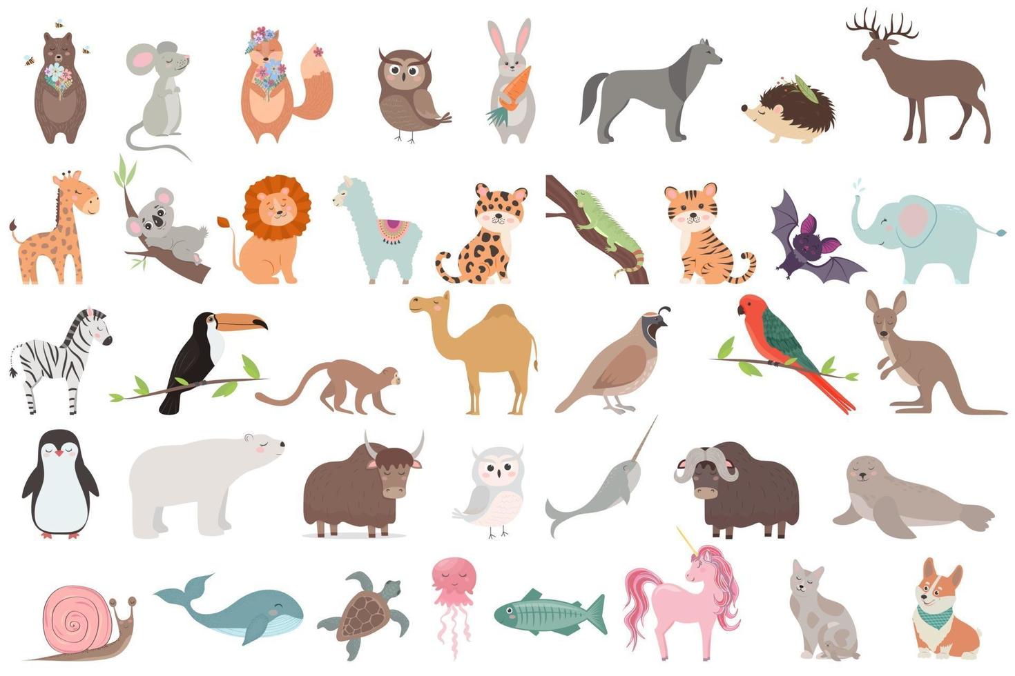 gran conjunto de animales aislados sobre fondo blanco. vector