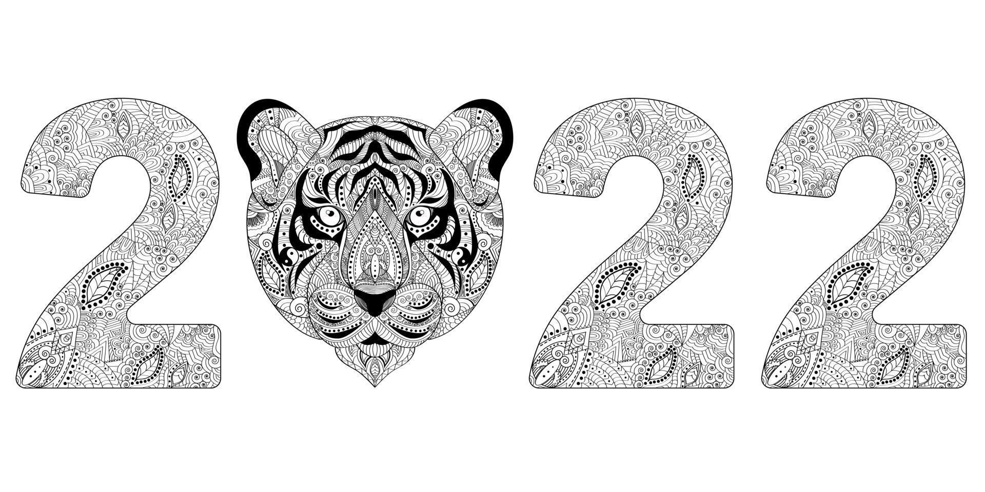 Happy New Year 2022, of Tiger. Hand drawn zentangle numbers 2022 Tiger vector