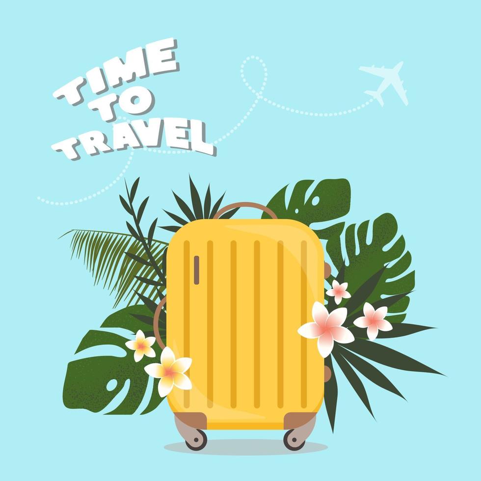 tiempo para viajar. maleta amarilla con hojas tropicales. turismo vector