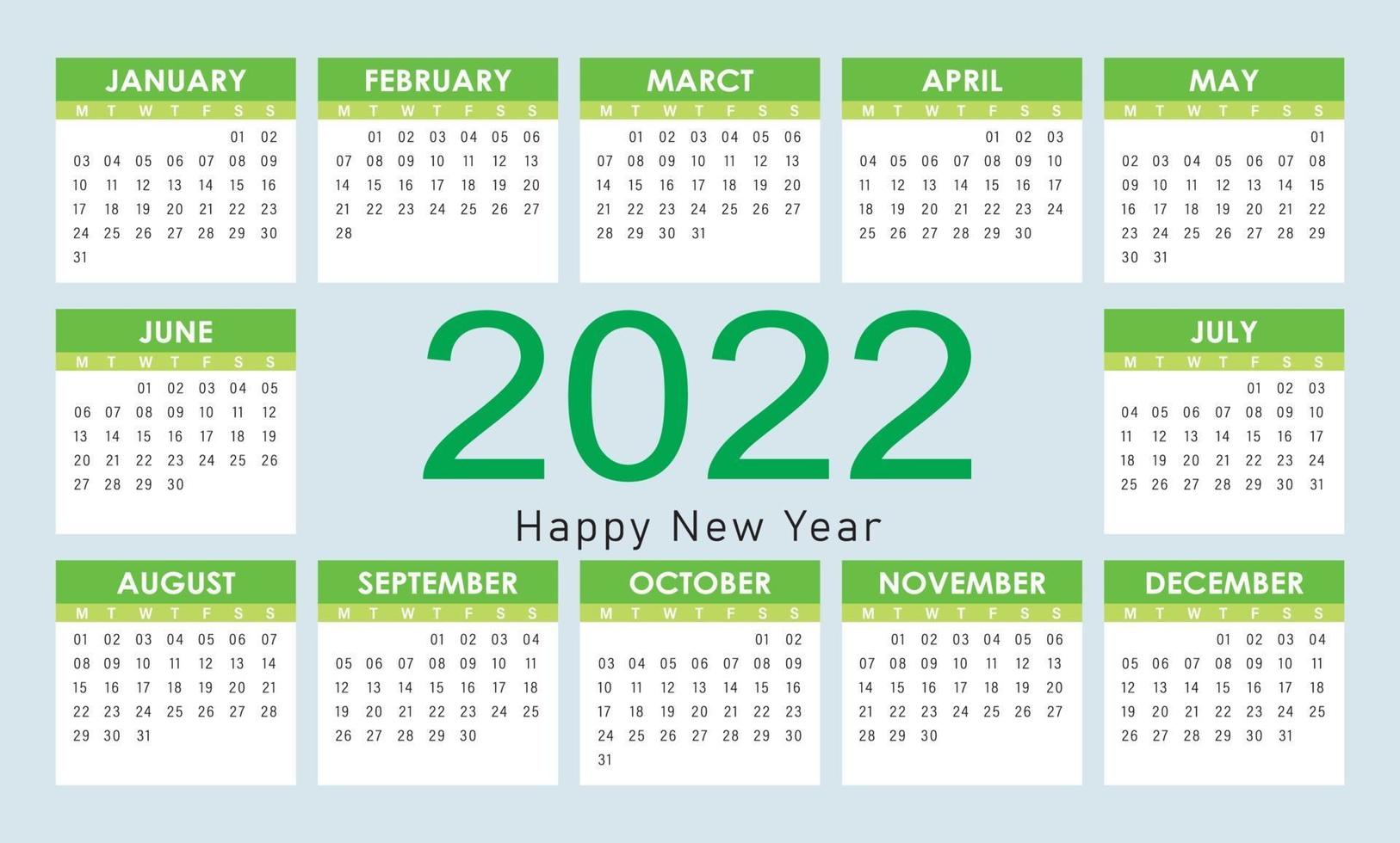 2022 calendar Green Vector