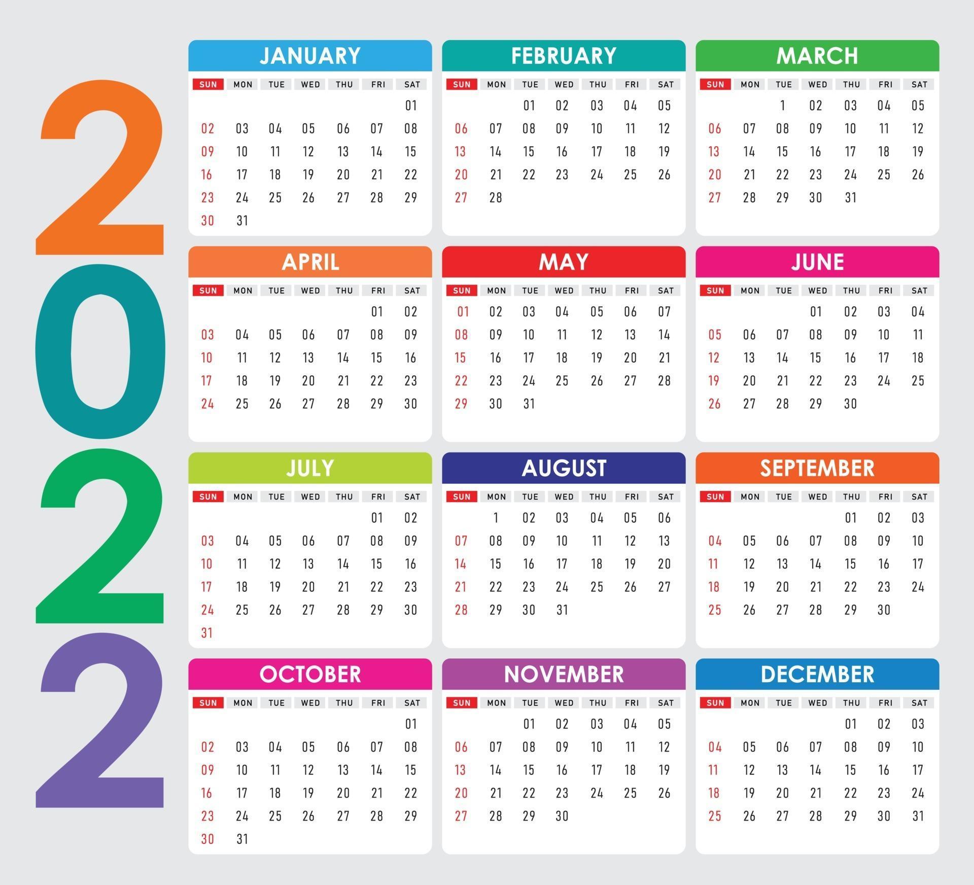 2022 Calendar Colorful Vector 3123857 Vector Art At Vecteezy