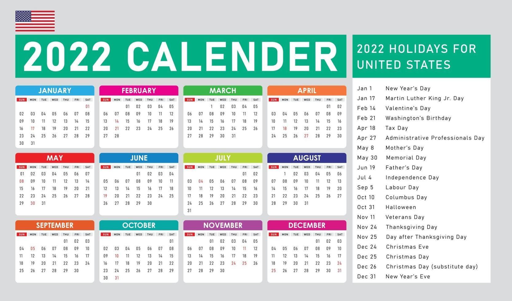 2022 calendar for United States. With Holiday vector