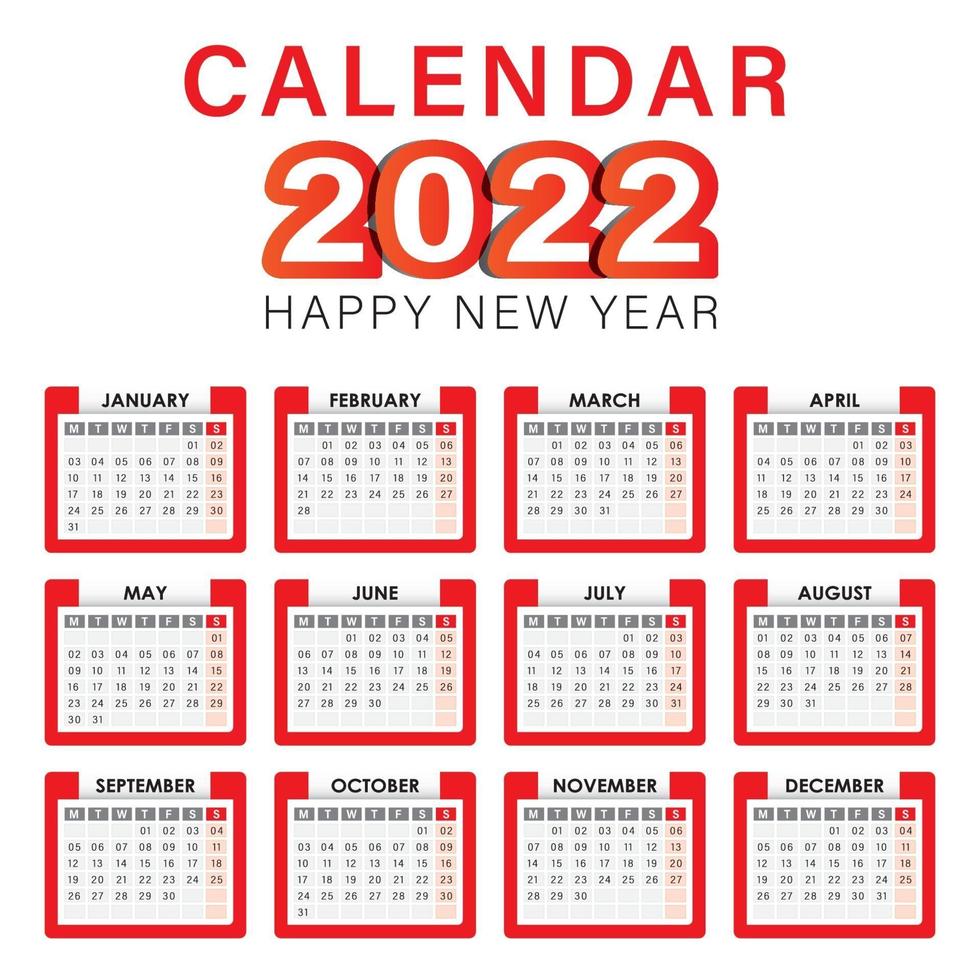 2022 calendario vector inglés completo editable