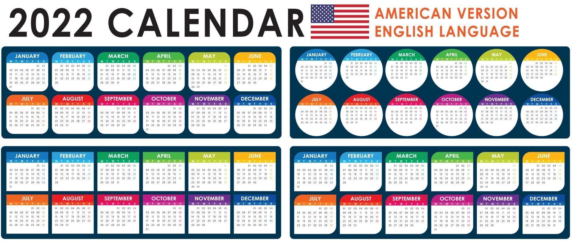 Vector de calendario 2022, versión americana