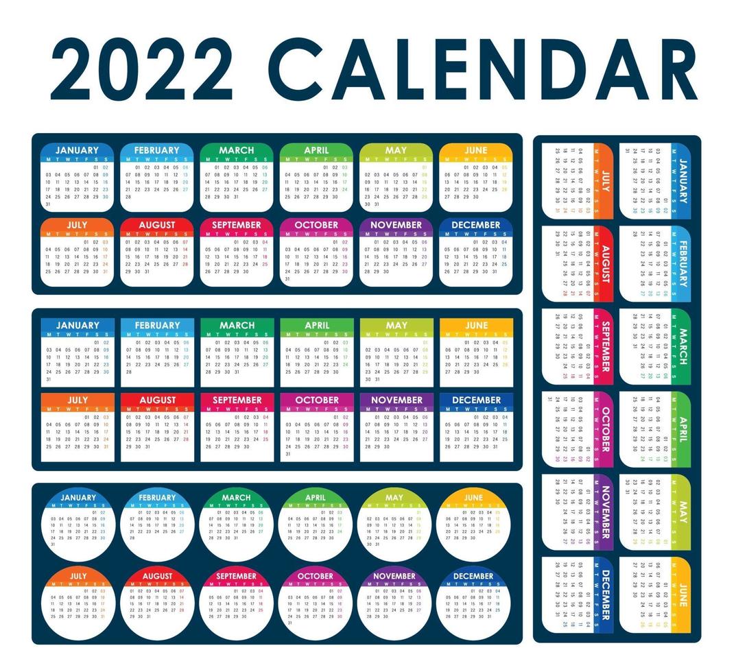 2022 calendario vector inglés completo editable