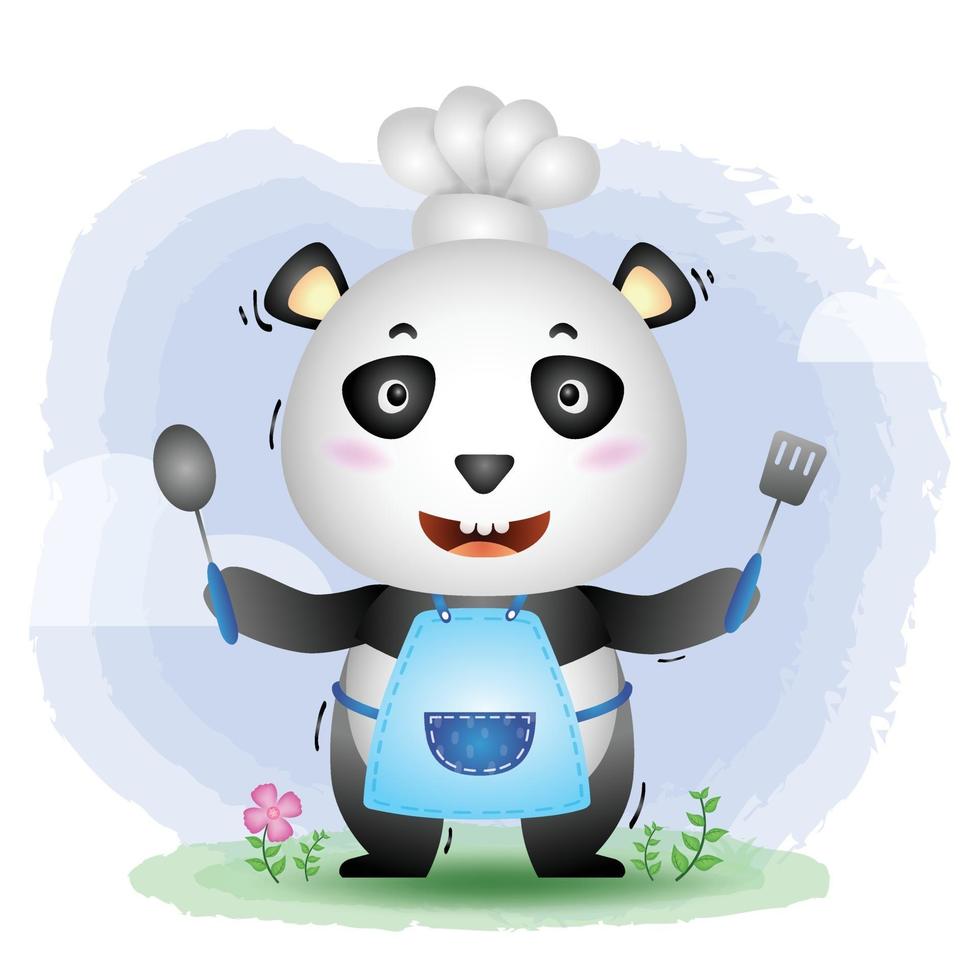 un lindo y pequeño chef panda vector