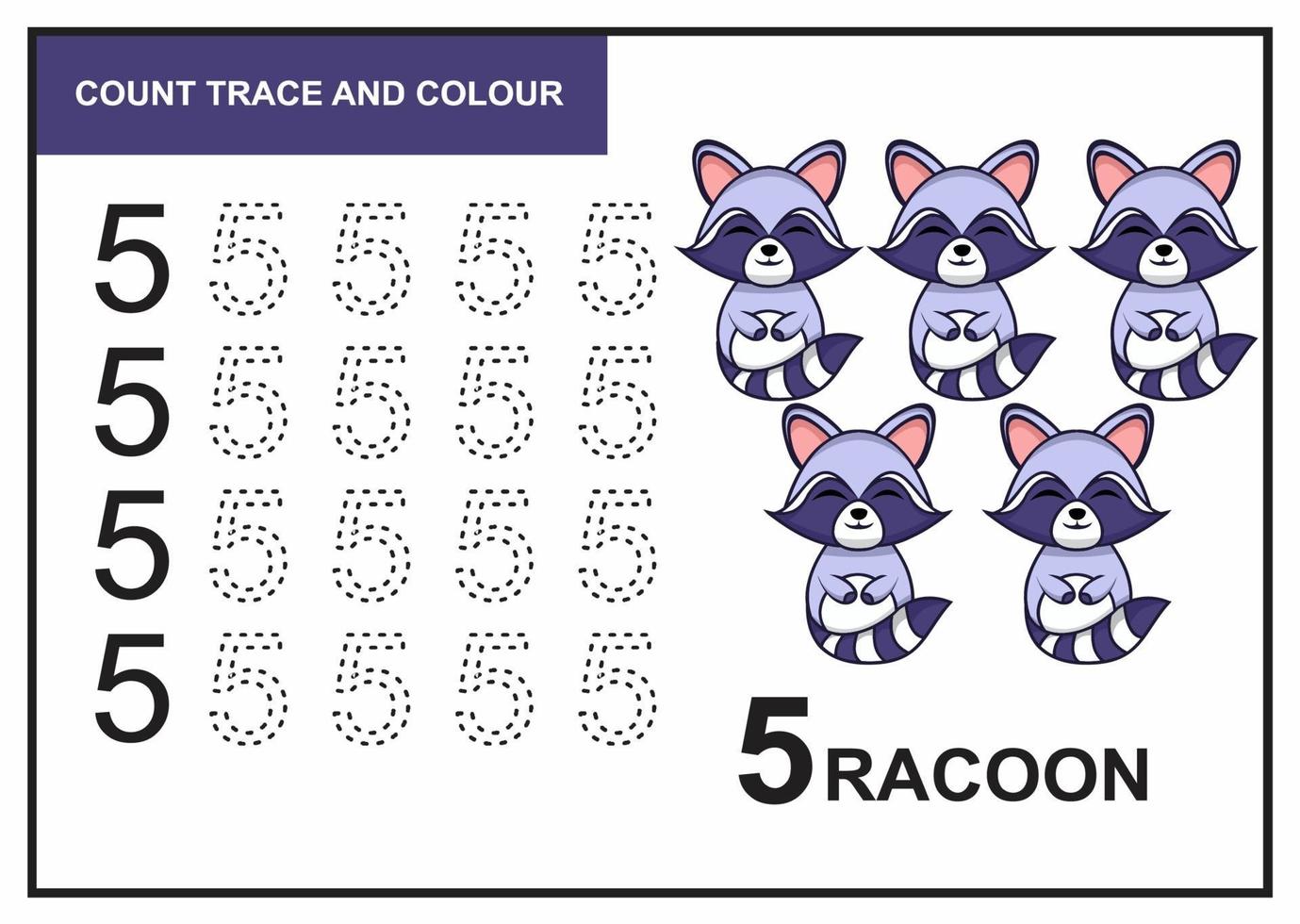 count trace and colour racoon number 5 vector