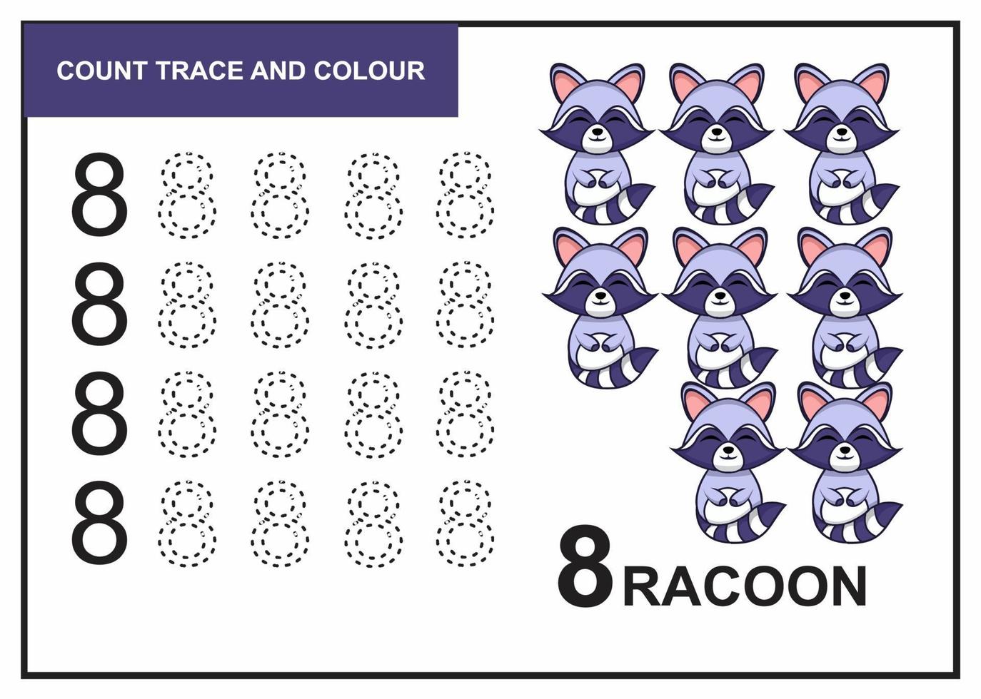 count trace and colour racoon number 8 vector