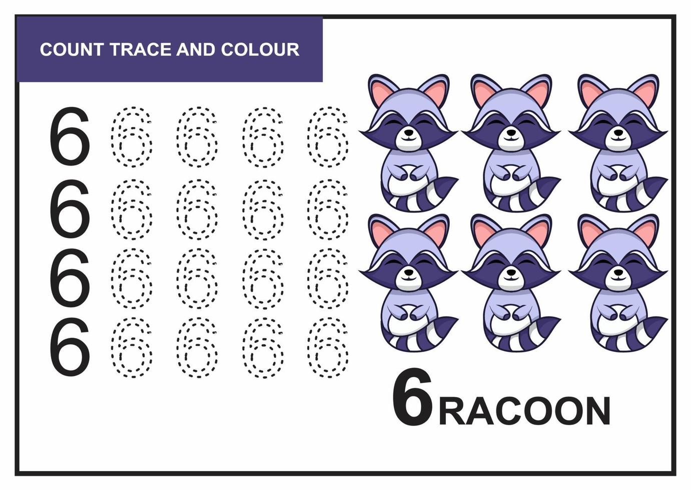 count trace and colour racoon number 6 vector