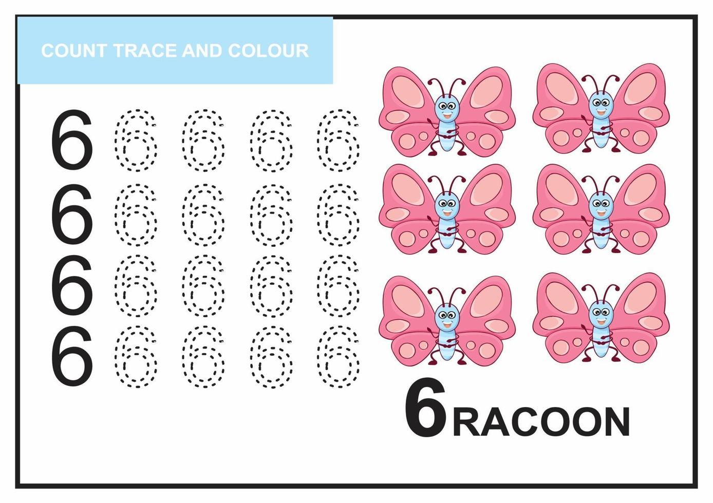 count trace and colour butterfly number 6 vector