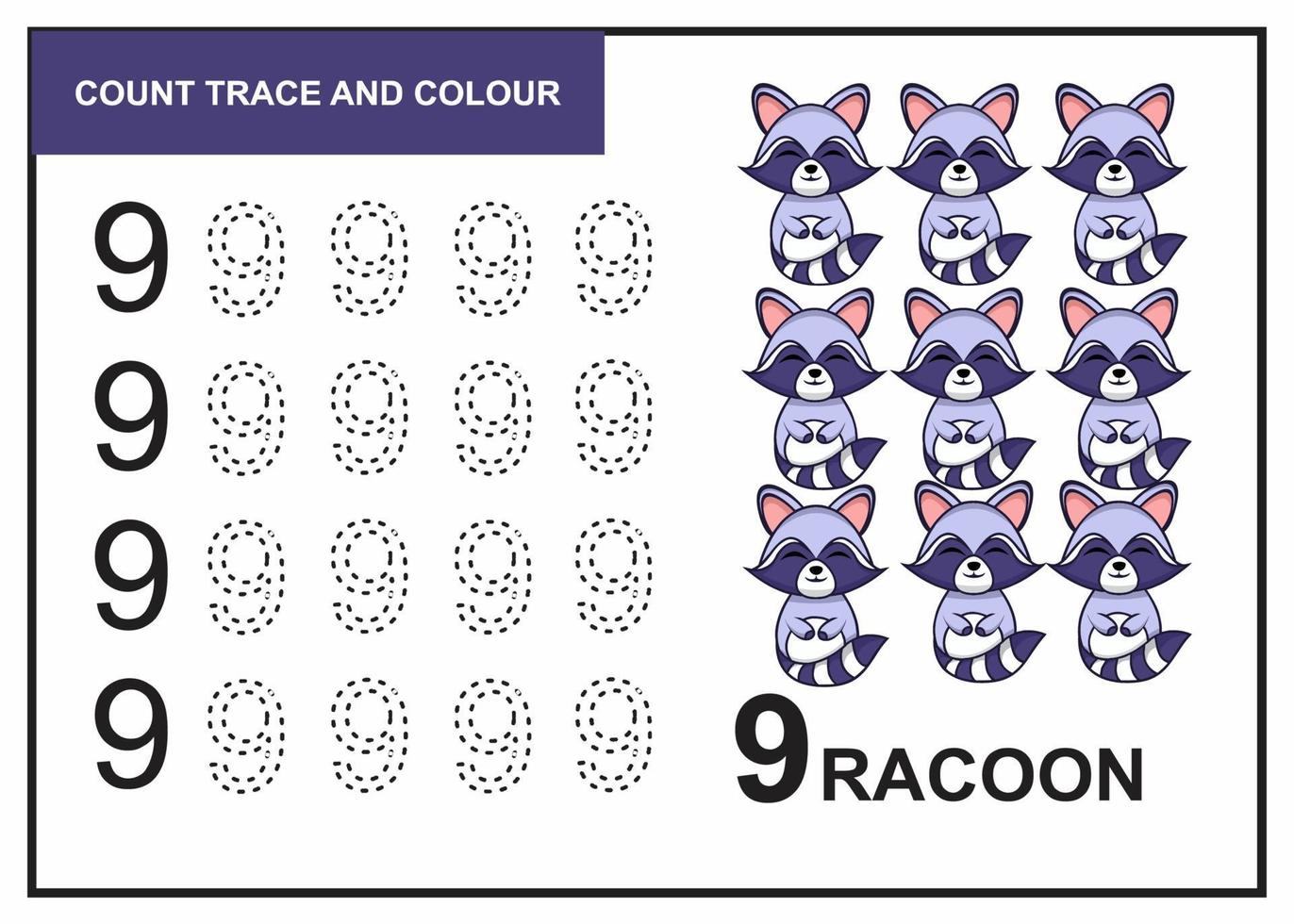 count trace and colour racoon number 9 vector