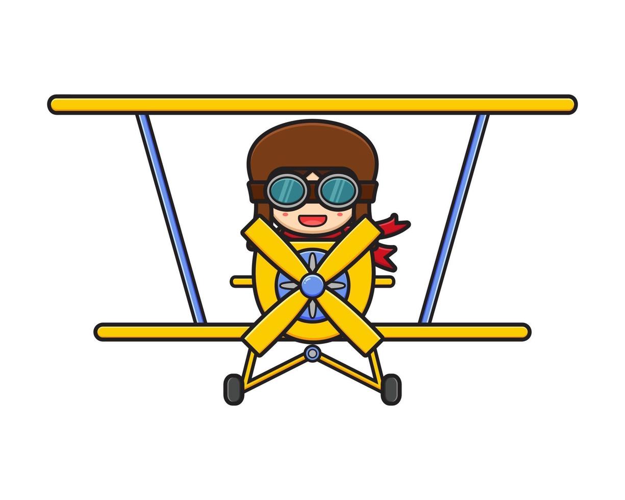 Cute pilot driving a plane cartoon icon illustration vector