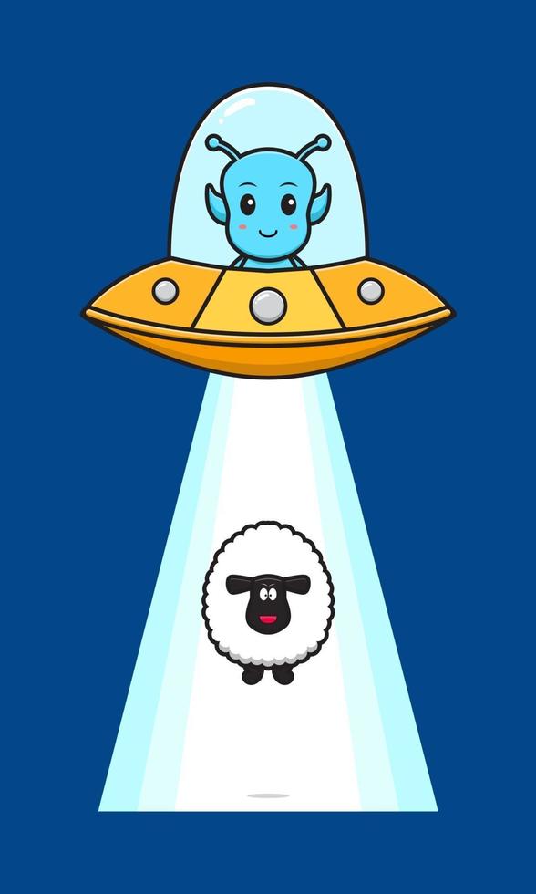 Cute sheep sucked in by alien ufo cartoon icon illustration vector