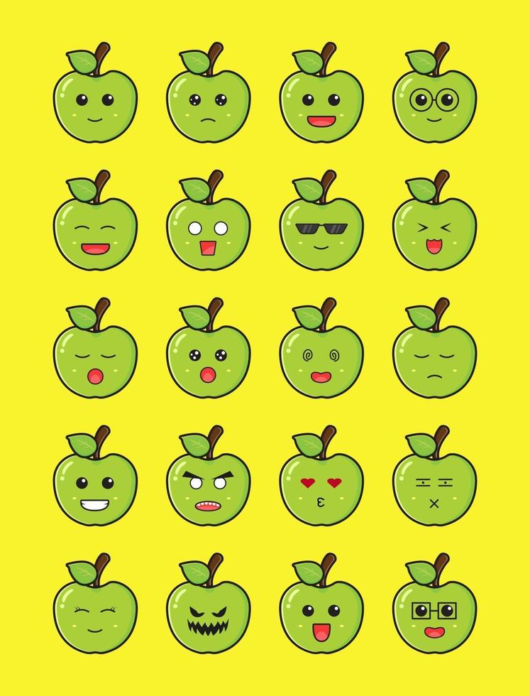 Set of cute apple emoticon cartoon icon illustration vector