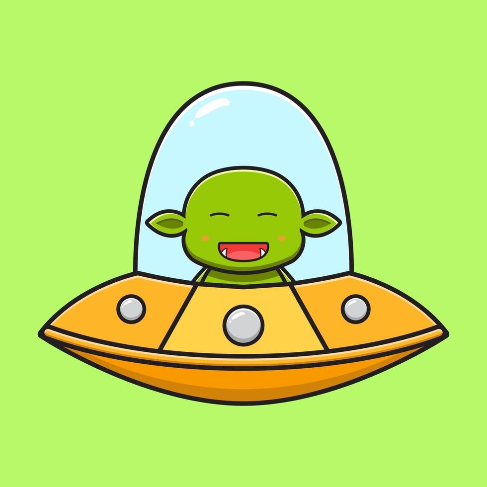 lindo duende conduciendo una ilustración de icono de dibujos animados ufo vector