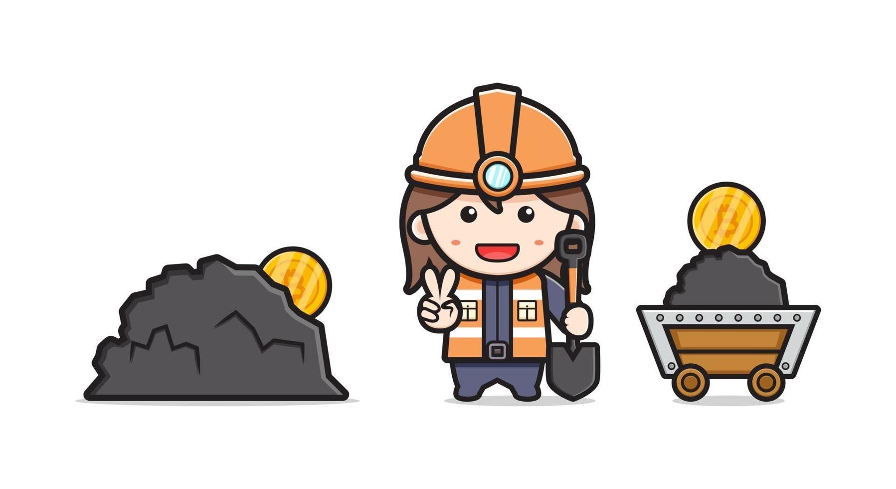 Cute miner mine bitcoin icon illustration vector