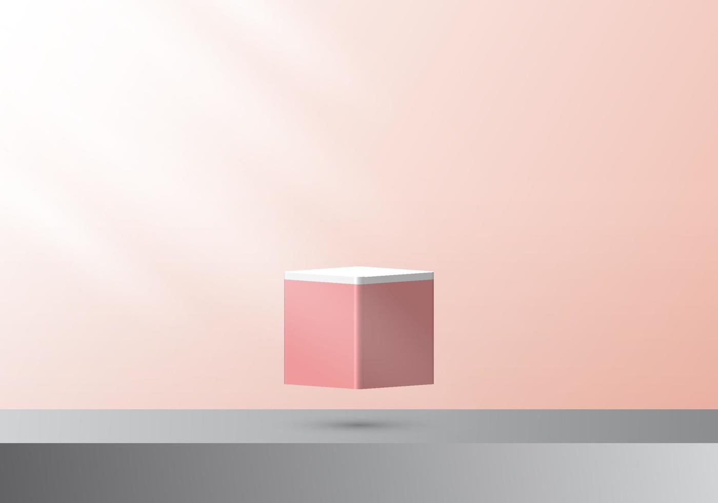 Pedestal de cubo rosa 3d flotando en el aire con una escena de pared mínima ligera vector