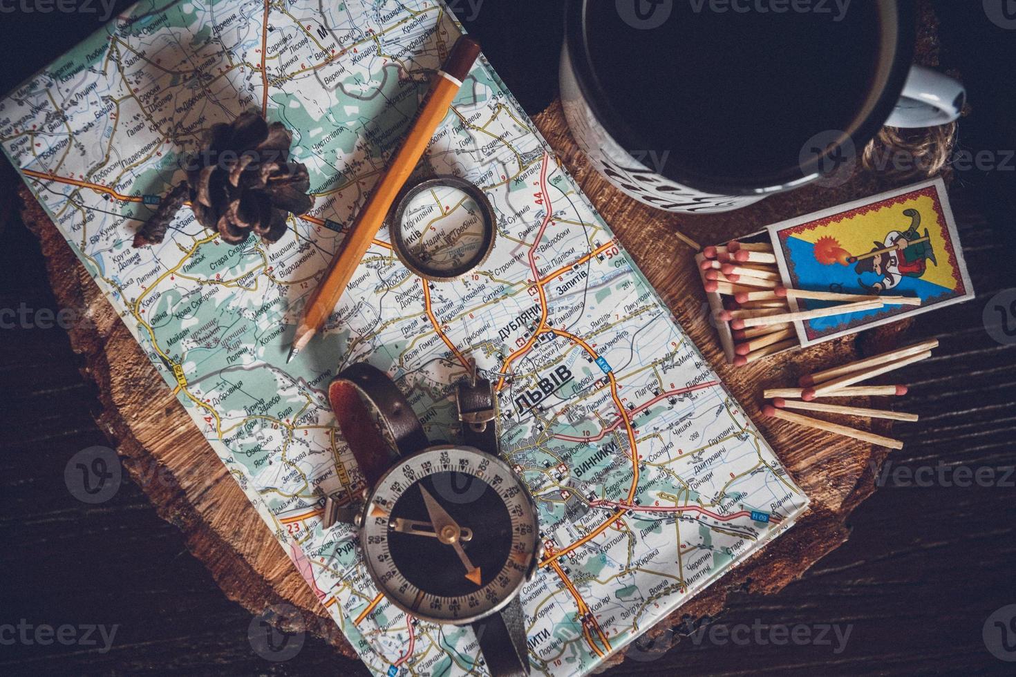 Travel Concept, Still Life Objects Key, Paper Roll photo