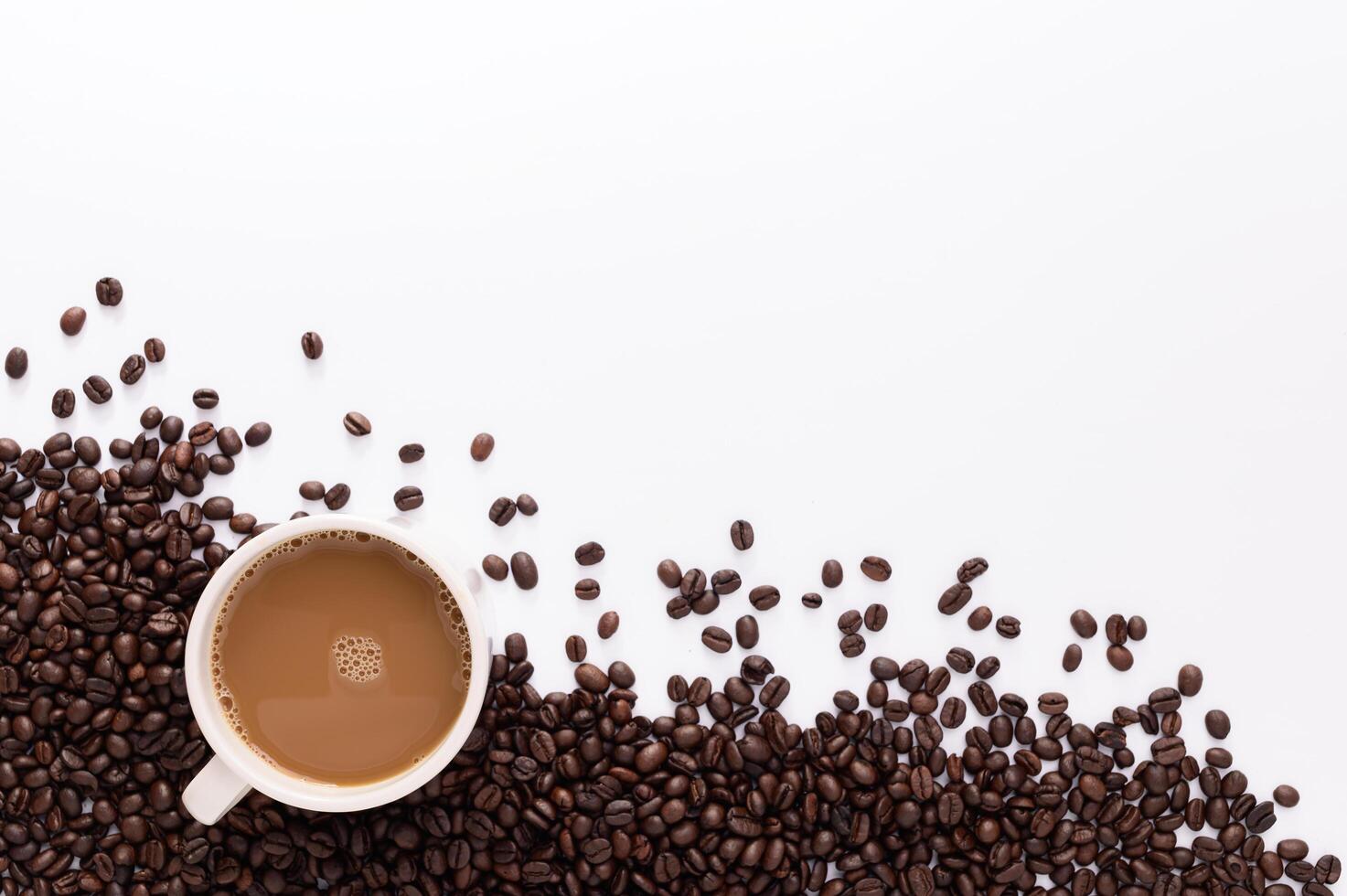 coffee mug, coffee beans, white background scene photo