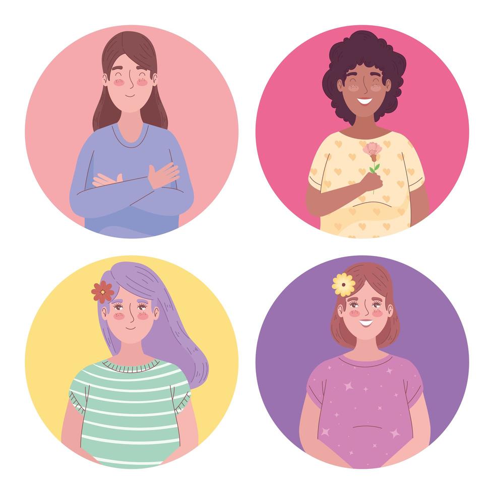 group of four girls interracial avatars characters vector