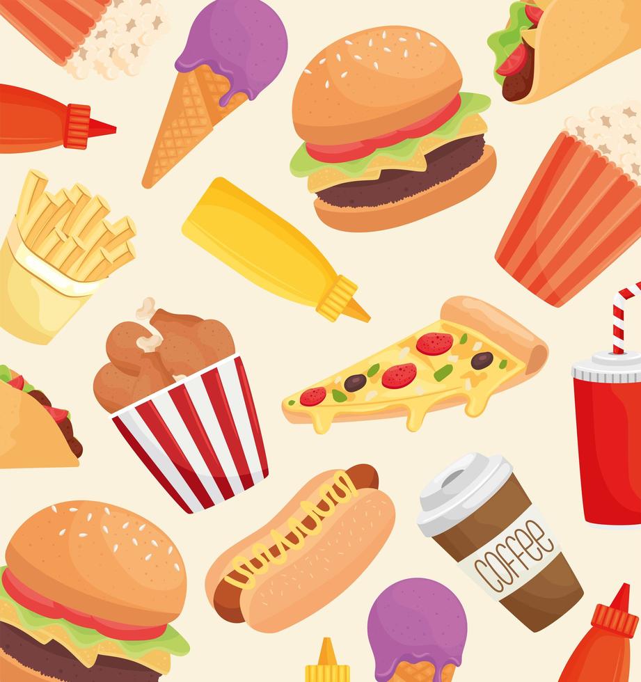 delicious fast food products pattern vector