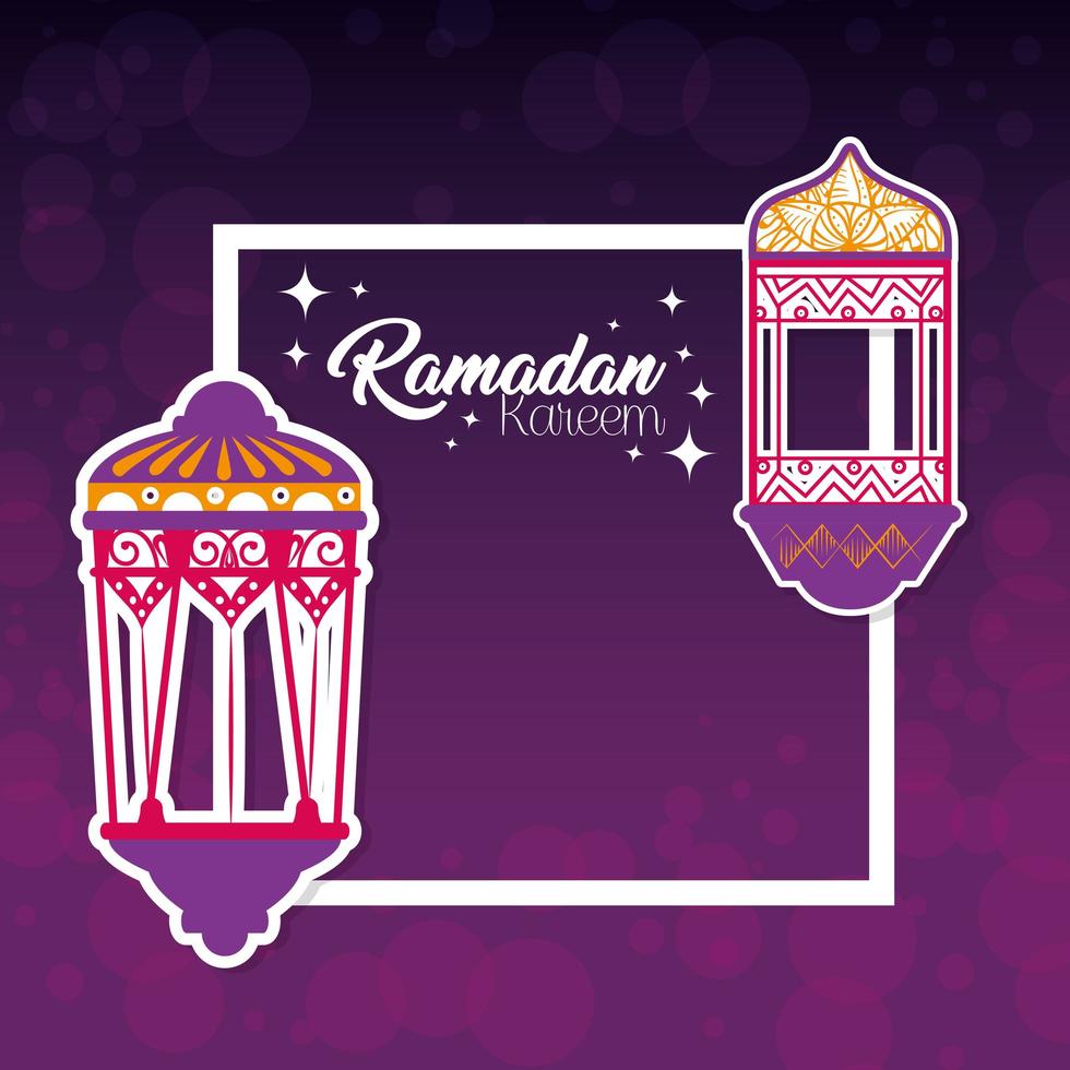 ramadan kareem poster with lanterns hanging vector