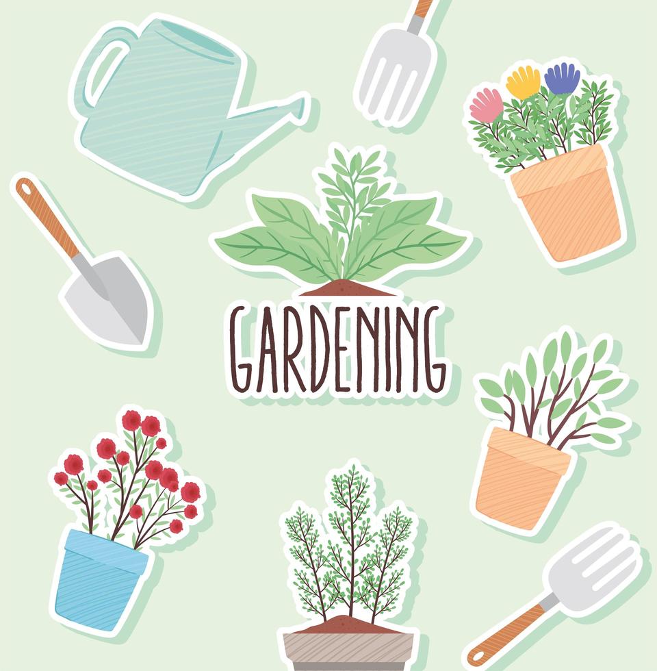 paquete de herramientas de jardinería y plantas de interior con letras vector