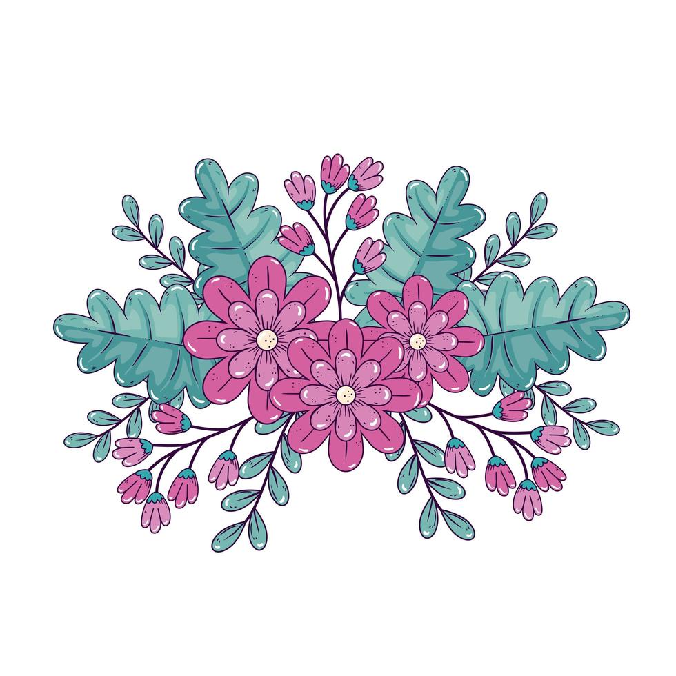 cute flowers with leafs decoration vector