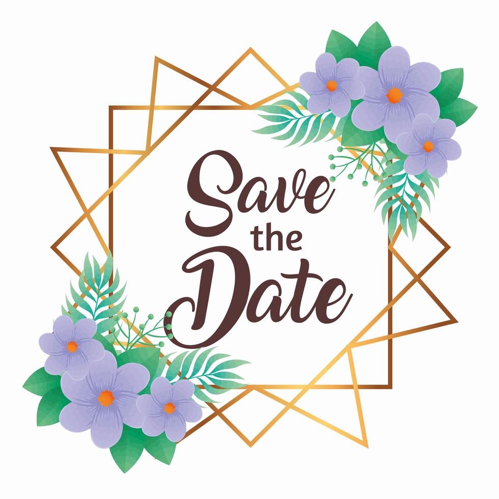 Invitación de boda con letras de guardar la fecha y flores púrpuras vector