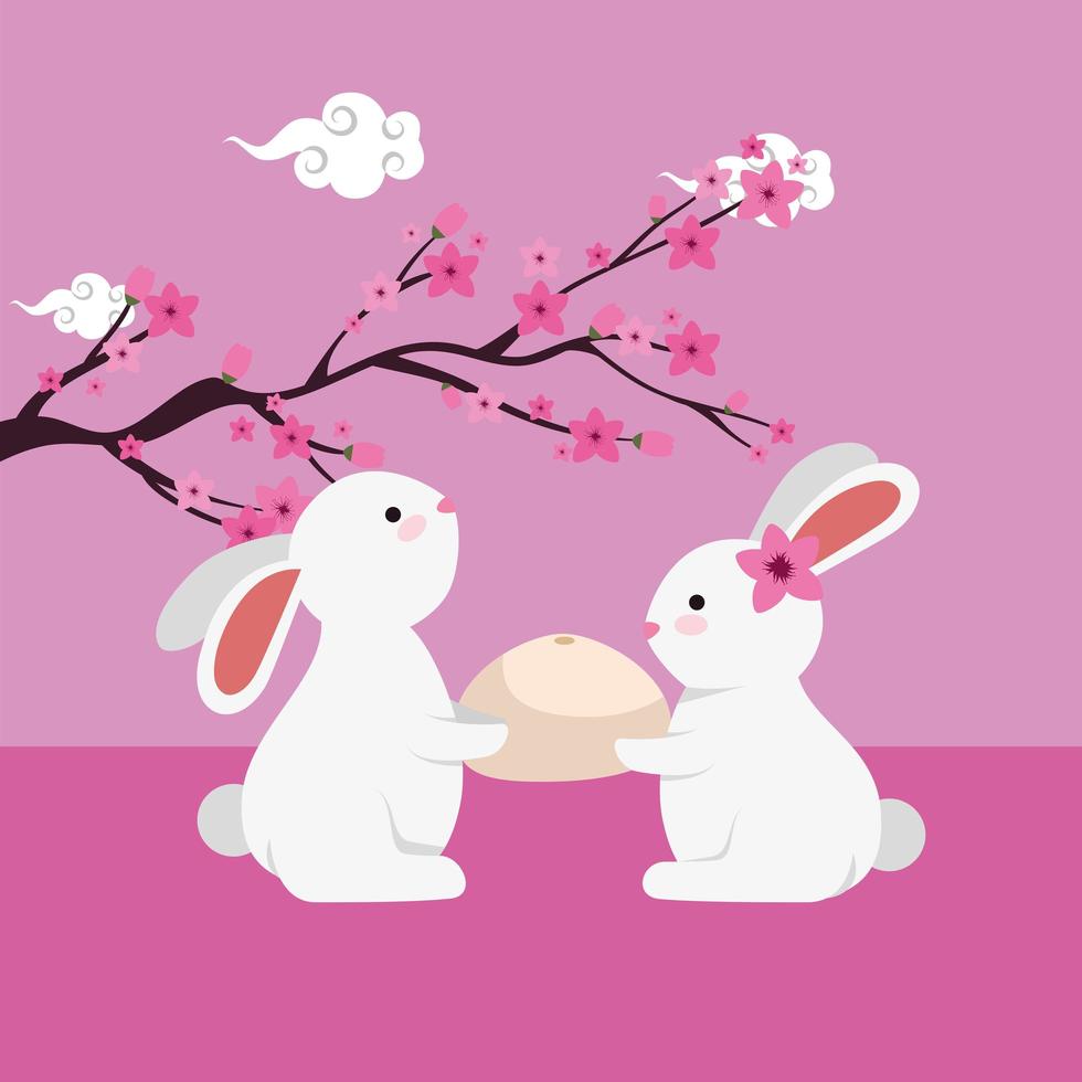 rabbits group witth tree branch floral scene vector