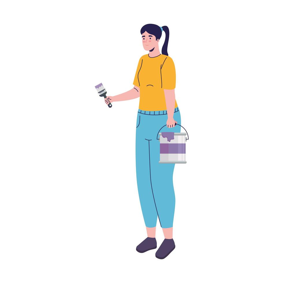 builder constructor woman with paint brush and pot character vector