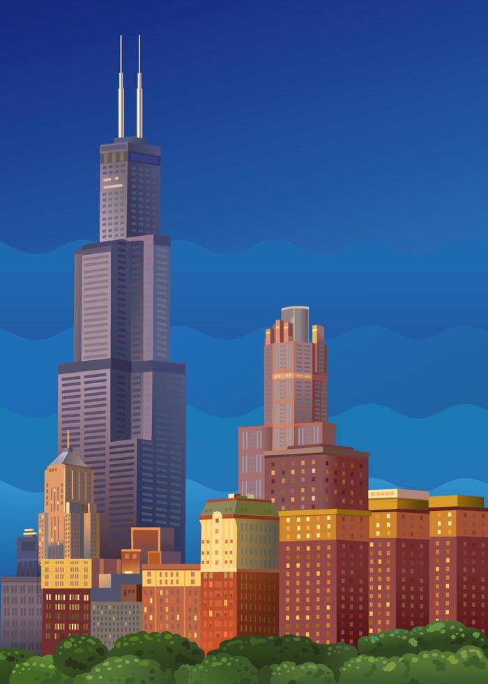 City with skyscrapers on a colored background. vector