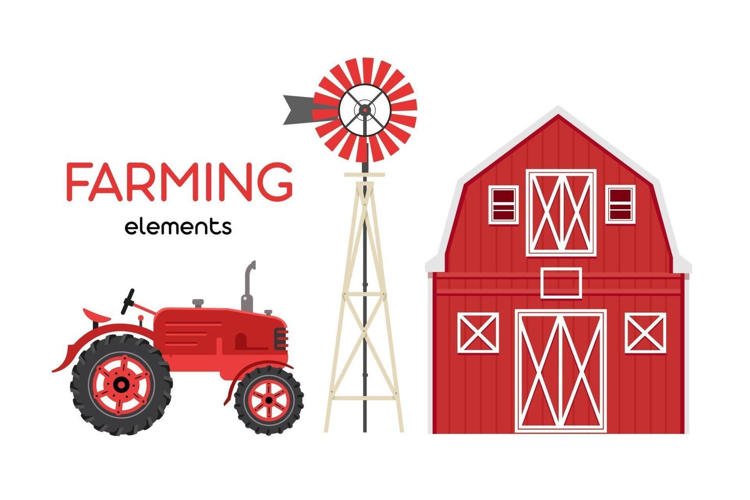 Farming elements. Red barn, tractor, windmill. vector