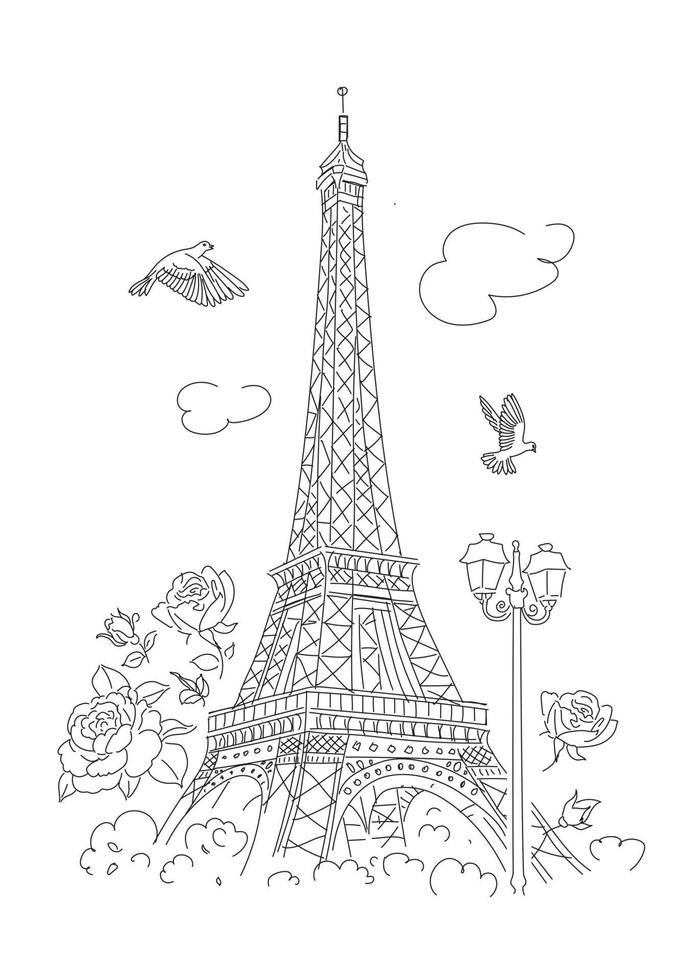 Eiffel Tower in Paris. Roses, lantern and doves. Line drawing vector